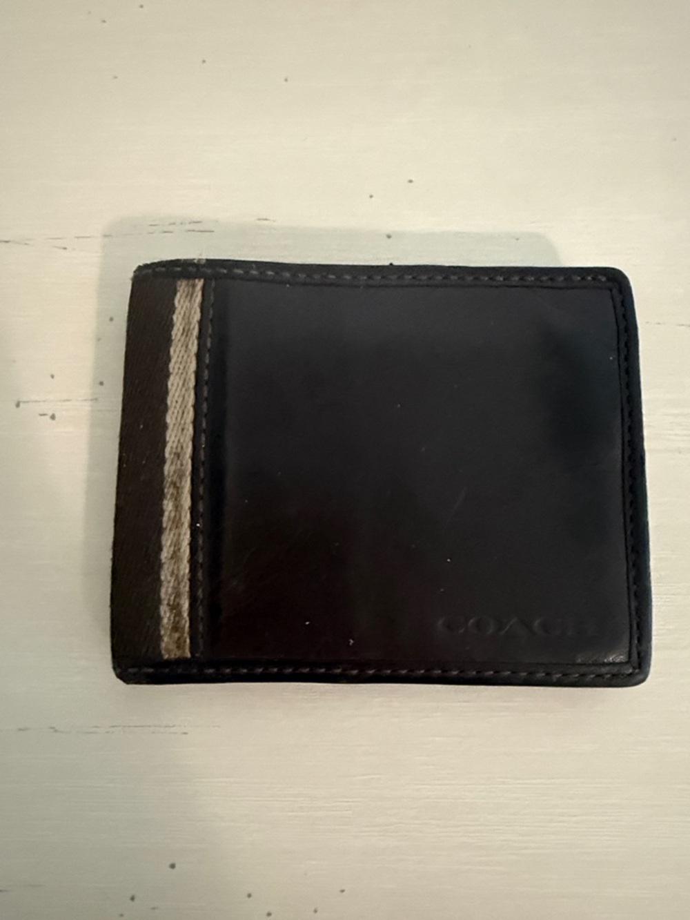 Coach Black Leather Money Clip Wallet with Tan Stripe Accent